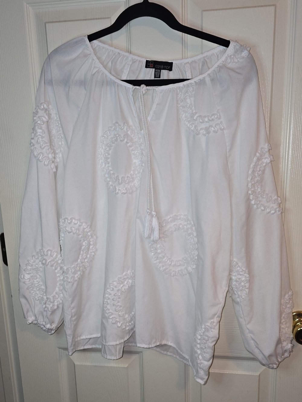 White Embroidered Tie-Neck Peasant Blouse